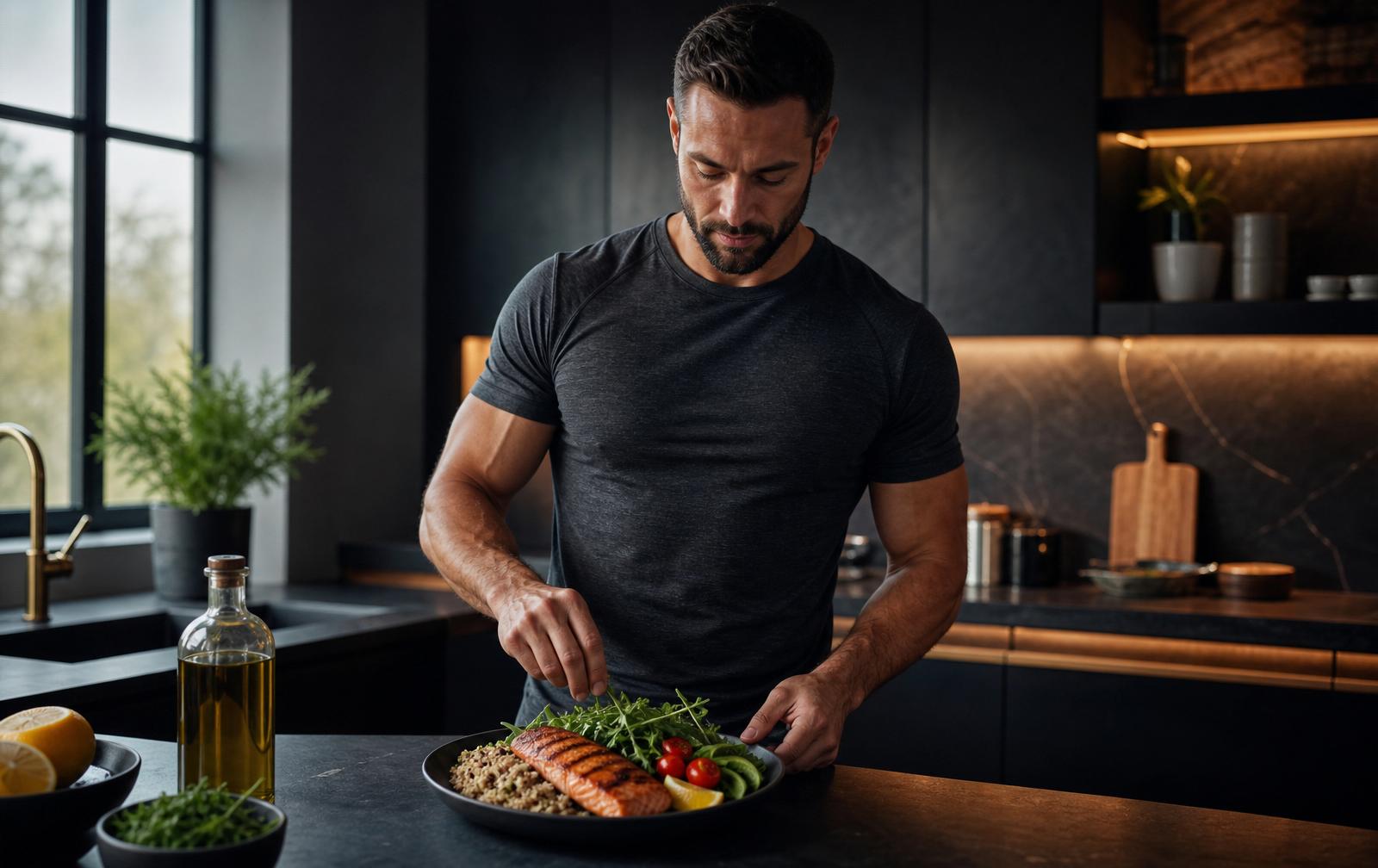 Homem fit em cozinha moderna preparando refeição saudável premium